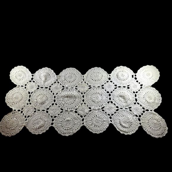 Vtg Crochet White Doily Table Runner grannycore cottagecore 30 by 14 - Picture 1 of 5